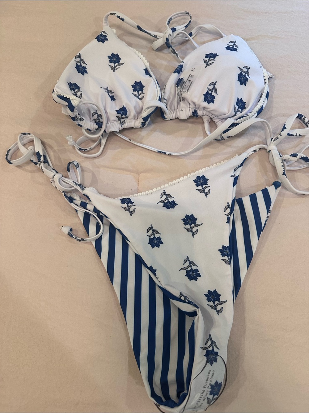 White & Navy Floral Stripe Tie-Side Bikini